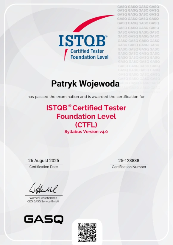 Certyfikat ISTQB CTFL nr 25-123838 wystawiony na Patryka Wojewodę.