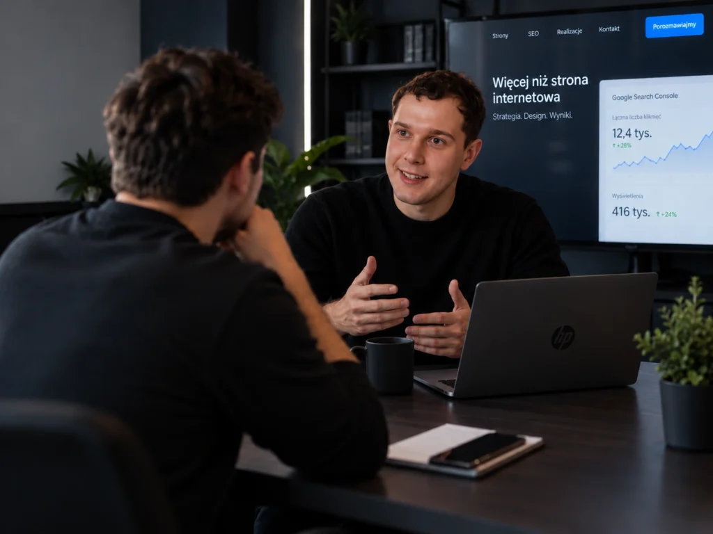 Strony internetowe, SEO i automatyzacje n8n – konsultacja przy laptopie, Patryk Wojewoda