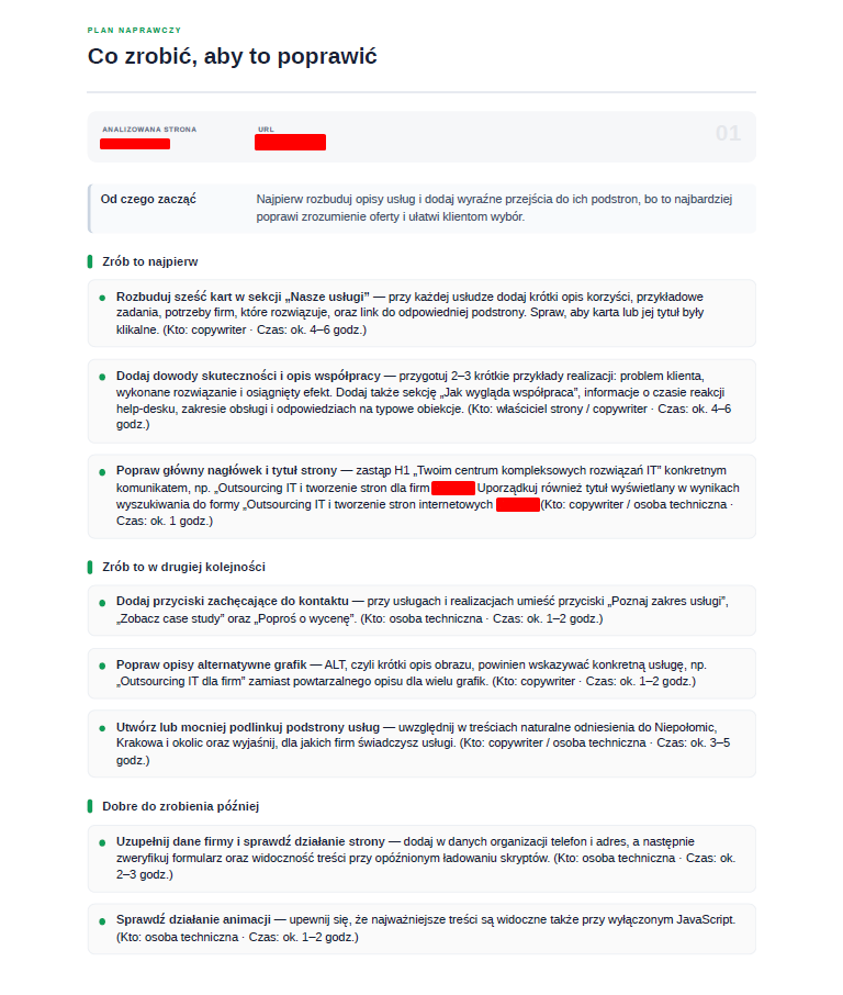 Plan naprawczy, jaki daje audyt SEO: zadania w trzech etapach, każde z rolą i szacowanym czasem