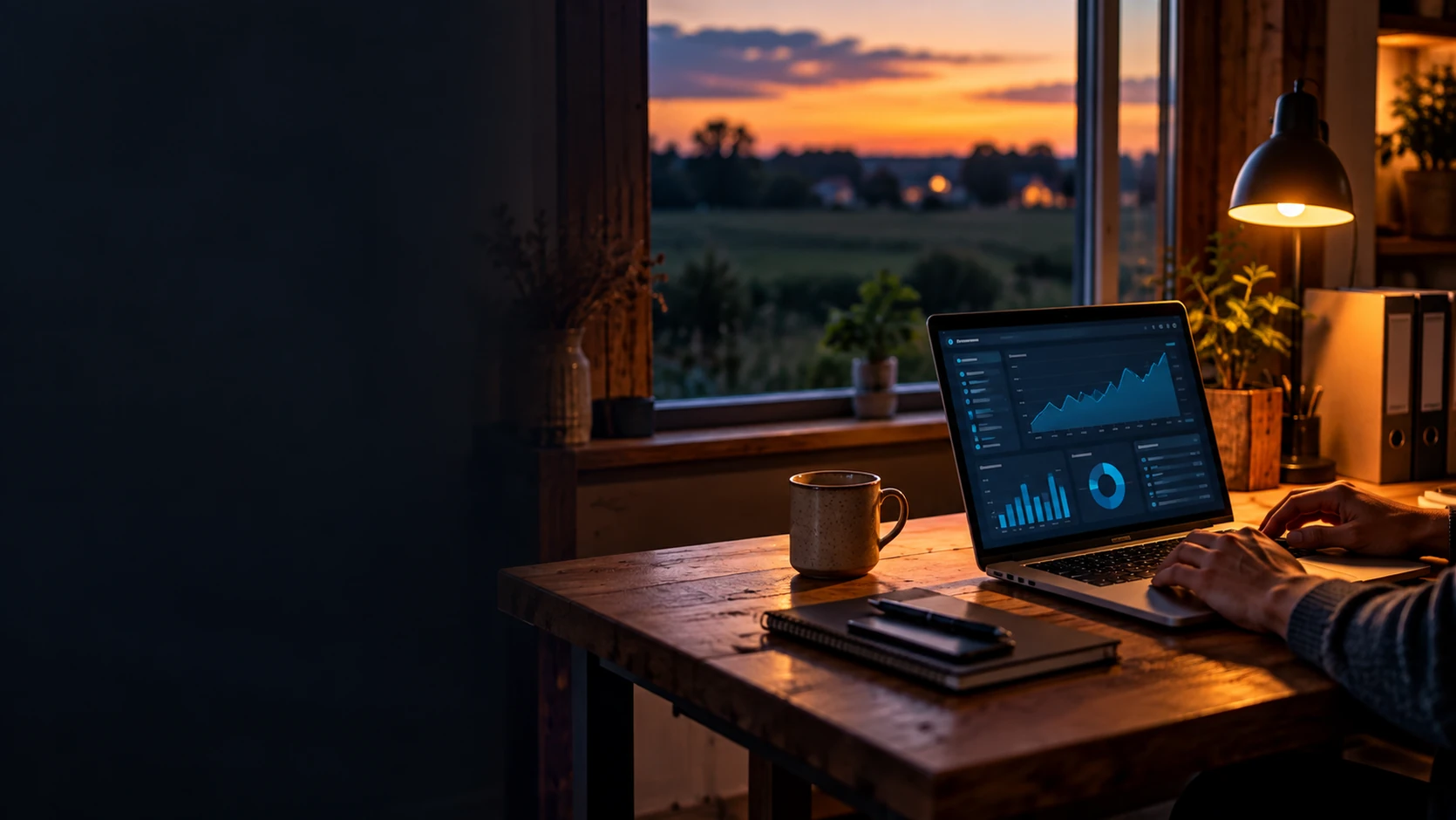 Laptop ze statystykami strony na biurku w wiejskim biurze o zmierzchu