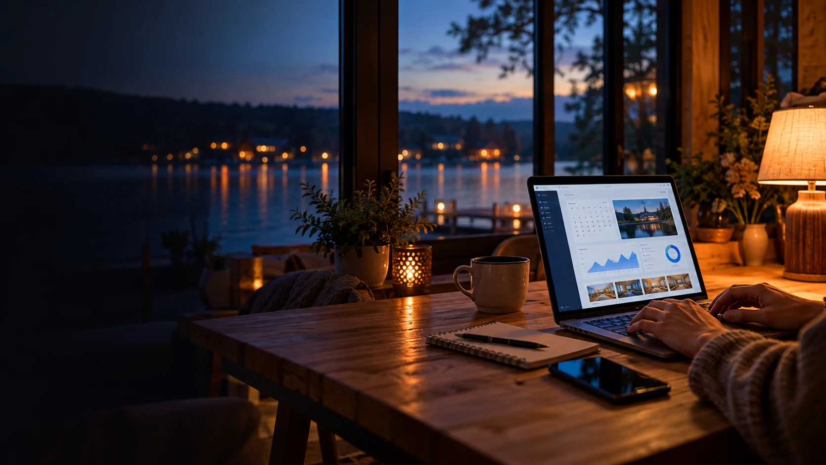 Laptop ze stroną internetową na stole przy oknie z widokiem na jezioro wieczorem