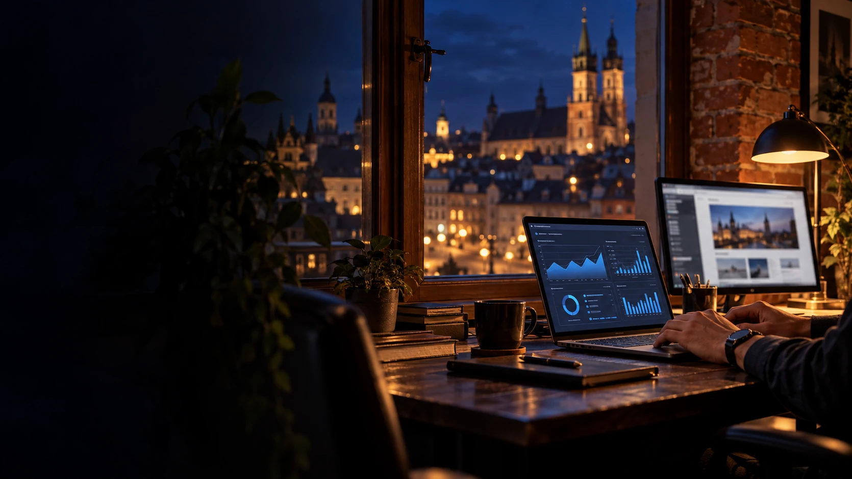 Laptop i monitor ze statystykami strony w biurze, w tle wieczorna panorama Tarnowa