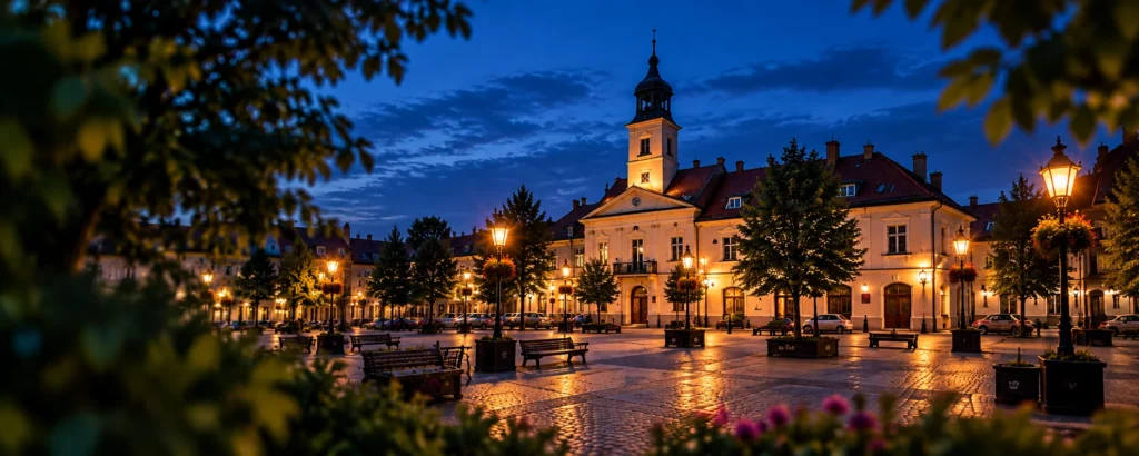 Rynek w Bochni wieczorem z ratuszem i zapalonymi latarniami