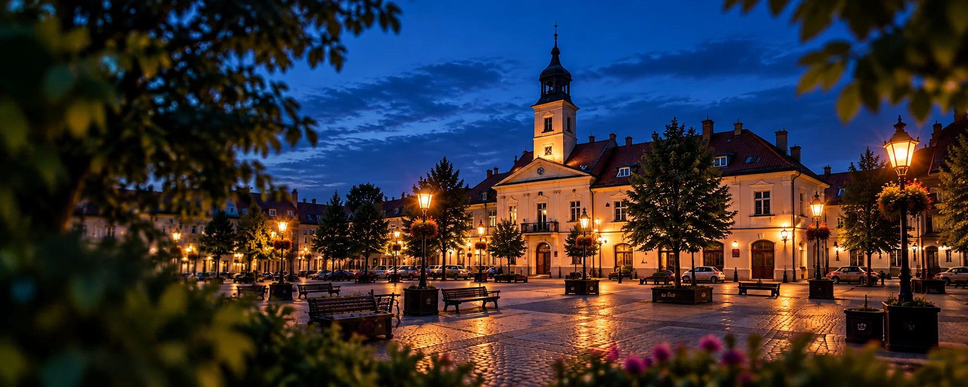 Rynek w Bochni wieczorem z ratuszem i zapalonymi latarniami