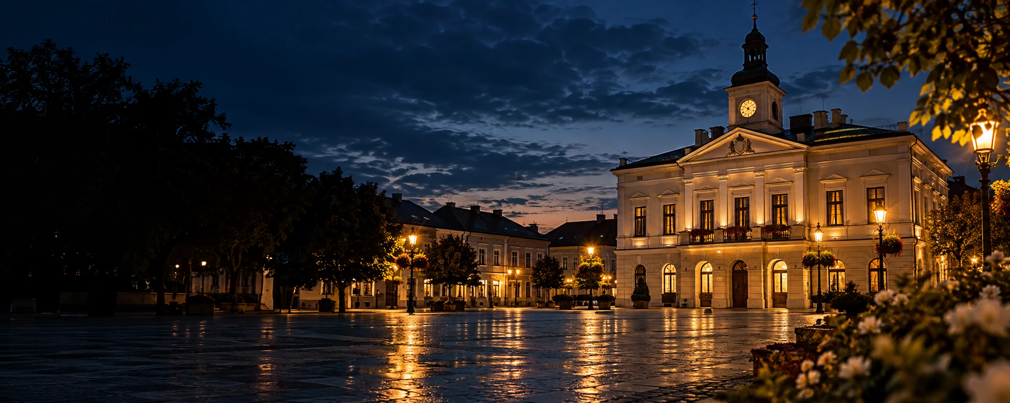 Rynek w Brzesku wieczorem z oświetlonym ratuszem i mokrym brukiem