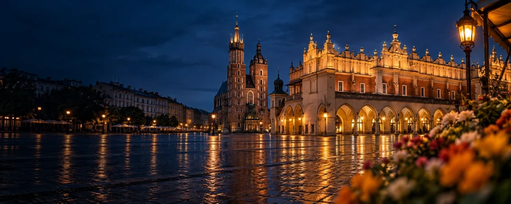 Rynek Główny w Krakowie wieczorem z Sukiennicami i Kościołem Mariackim