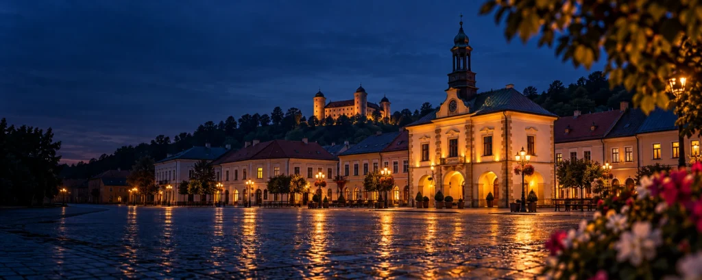 Rynek w Nowym Wiśniczu wieczorem z ratuszem i zamkiem na wzgórzu
