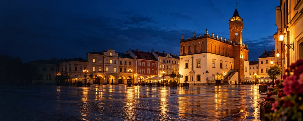 Rynek w Tarnowie wieczorem z renesansowym ratuszem i kamienicami