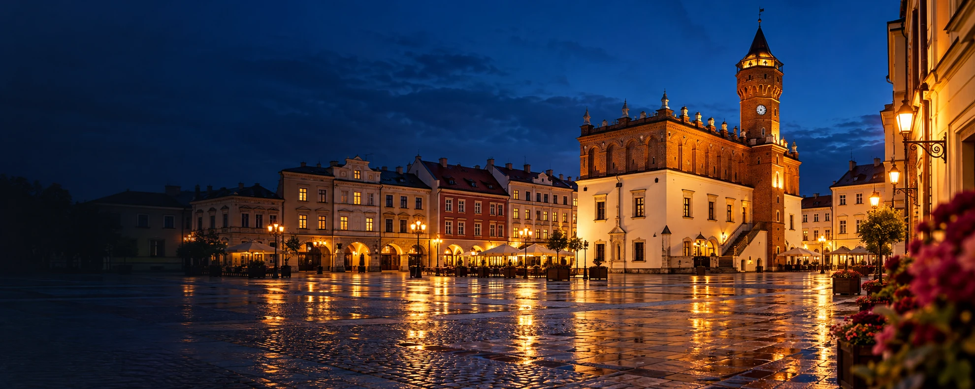 Rynek w Tarnowie wieczorem z renesansowym ratuszem i kamienicami