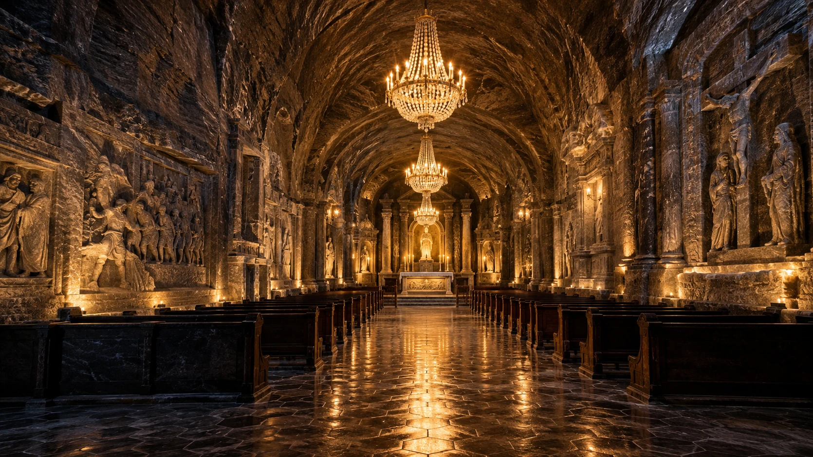 Podziemna kaplica w Kopalni Soli Wieliczka z solnymi żyrandolami